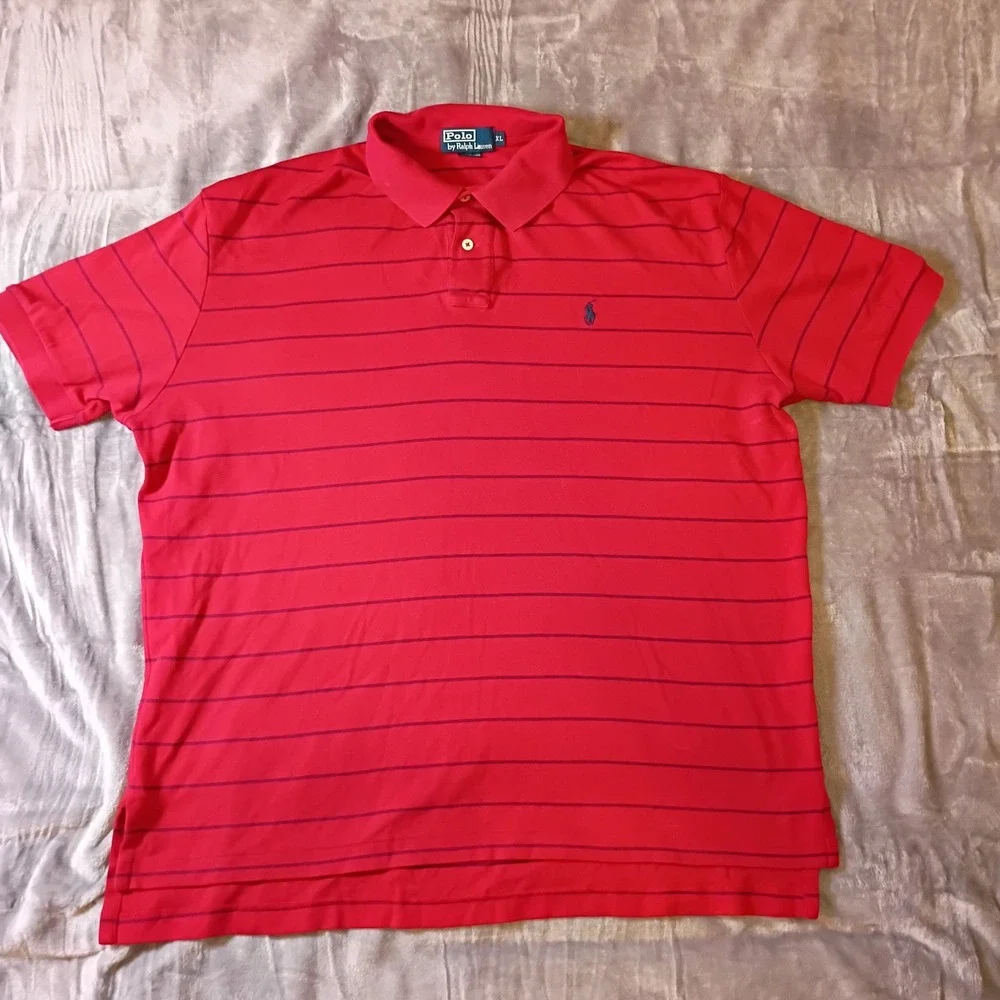 Polo Ralph Lauren Mens XL Red Navy Blue Striped Short Sleeve Cotton Polo Shirt
